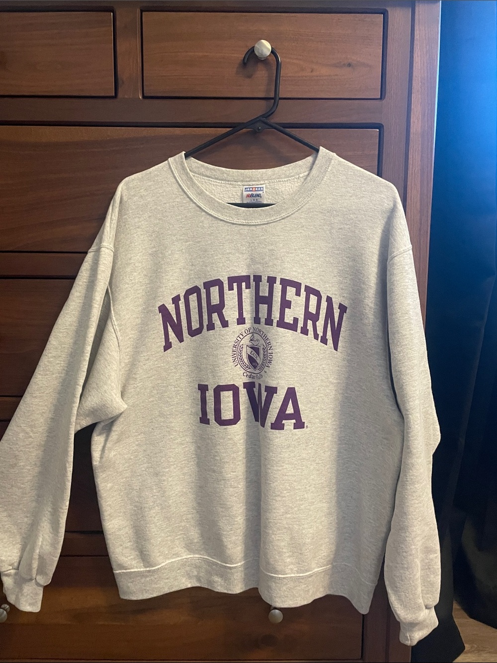 Gildan Grey Crewneck Collegiate Sweatshirt with Purple Northern Iowa Print